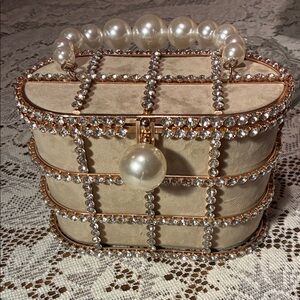 Elegant Pearl-Embellished Beige Handbag